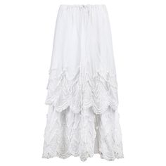 Outstanding Edwardian triple tiered skirt made entirely by hand in the early 1900s. An outwardly romantic piece, it is tailored from layer-upon-layer of breezy white mousseline cotton and trimmed with lace along the bottom hems. The short outer layer and longer second layer are detailed with pretty lace trims, raised satin stitch work, embroidered botanical patterns and a scallop hem. The gathered waistband with adjustable tie at the front means that this skirt can be worn at the waist or on the Bohemian Tiered Skirt With Lace Trim, Peasant Style Ruffled Maxi Skirt, Daywear Tiered Petticoat With Ruffles, Daywear Tiered Skirt Petticoat With Ruffles, Daywear Ruffled Tiered Skirt Petticoat, White Ruffled Maxi Skirt For Daywear, Elegant Ruffled Maxi Skirt For Daywear, White Peasant Tiered Skirt, White Tiered Bottoms With Lace Trim