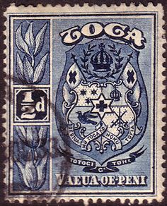 an old stamp with the coat of arms and motto on it, in black and blue