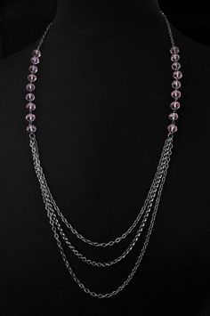 Light chain layered necklace with light pink Swarovski crystals. Makes a great handmade gift to give on birthdays, holidays, on valentine's day or just to say thank you. Can be worn symmetrically or asymmetrically around the neck. Also looks great layered with another color! Each necklace is packaged in a box, ready for gift giving. Matching earrings: https://anelladesigns.com/collections/catalogue/products/light-rose-prink-pearl-and-crystal-bridesmaid-earring * * * * * * * * * * * * * * * * * * Pink Beaded Chain Jewelry For Gift, Long Pink Necklace For Parties, Feminine Party Jewelry With Chain Detail, Pink Long Necklace For Party, Feminine Party Chain Jewelry, Pink Clavicle Chain Charm Necklace For Party, Elegant Pink Jewelry With Chain Detail, Elegant Pink Jewelry With Chain, Pink Beaded Necklace With Adjustable Chain As Gift