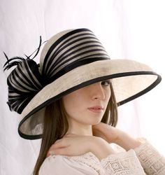 Ivory with black Ascot extra wide brim by IrinaSardarevaHats Chic Adjustable Hats For Kentucky Derby, Elegant Cream Wide Brim Fedora, Chic Brimmed Fedora For Kentucky Derby, Elegant Fedora With Curved Brim, Elegant Wide Brim Fedora, Elegant Formal Straw Hat With Flat Brim, Elegant Beige Fedora, Elegant Short Brim Fedora, Classic Wide Brim Hat For Evening