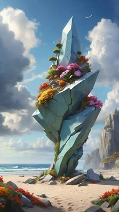 an artistic painting of a rock formation with flowers growing out of it on the beach