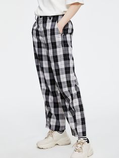 Details: Plaid wide leg pants with elasticized waistband Classic black and white plaid with clean color scheme Relaxed straight leg pants with high waistline Elasticized waistband for comfort Materials & Care: 83.5% polyester, 15.2% viscose, 1.3% spandex Hand wash | Dry clean Do not bleach Size & Fit: Model is 5'7", Bust 32, Waist 24, Hips 35, wearing a size S Item #: JL3PA05 Relaxed Fit Plaid Pants With Elastic Waistband, Plaid Straight Pants With Relaxed Fit, Plaid Relaxed Fit Straight Pants, Relaxed Fit Plaid Straight Pants, Plaid Wide-leg Pants For Spring, Spring Plaid Wide-leg Pants, Plaid Pants With Elastic Waistband For Work, Plaid Workwear Pants With Elastic Waistband, Plaid Relaxed Fit Pants