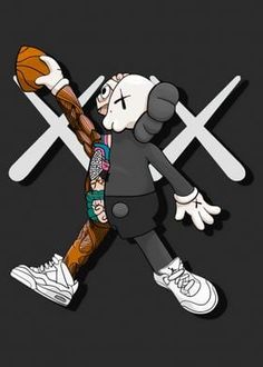 a cartoon character holding a basketball in one hand and wearing sneakers on the other side