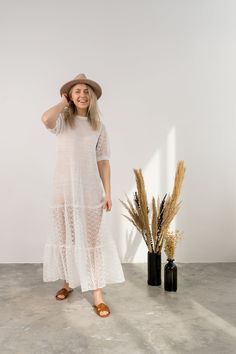 Hand knitted linen dress is made from 100% natural linen yarns. Elegant wedding dress is perfect choice if you are dreaming about eco-friendly wedding. Lighweigth maxi dress features puff sleeves, wide skirt & unique knitting laces. Timeless design & zero waster materials will keep you on top for many years. See through dress will definitely add a touch of classic fashion to your wardrobe. Material: 100% baltic soft linen There is a size guide in photo gallery. Please notice that with th White Crochet Lace Maxi Dress For Beach, Elegant Pointelle Knit Crochet Dress For Beach, Elegant Crochet Dress With Pointelle Knit For Beach, Elegant Beach Crochet Dress With Pointelle Knit, White Open Knit Crochet Maxi Dress, Lace Midi Dress With Short Sleeves For The Beach, White Lace Crochet Dress With Open Knit, Lace Short Sleeve Midi Dress For Beach, Summer Short Sleeve Pointelle Knit Dresses