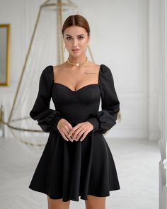 Fabric: Crepe Cotton 75%, Polyester 20%, Elastane 5% Backless Puff sleeves Bustier bodice Mini Length Sleeve length: 70cm/ 27.5in Skirt length: 46cm/ 18,1in Colors: Blue, Red, White, Black Bustier With Sleeves, Evening Puff Sleeve Dress With Fitted Bodice, Evening Puff Sleeve Dress With Balloon Sleeves, Solid Color Puff Sleeve Party Dress, Solid Color Puff Sleeve Dress For Evening, Fitted Corset Dress With Gathered Sleeves, Black Puff Sleeve Dress For Evening With Fitted Bodice, Party Dress With Puff And Balloon Sleeves, Black Puff Sleeve Dress With Fitted Bodice