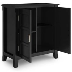 a black cabinet with an open door