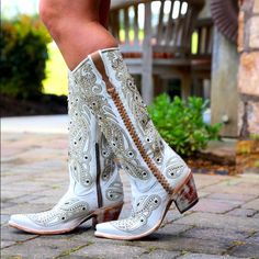 Brand New In Box Never Worn White Embellished Boots With Pointed Toe, White Embellished Boots With Round Toe, Western White Embellished Boots, White Embellished Spring Boots, White Embroidered Snip Toe Boots, Elegant Embellished White Boots, White Embroidered Pointed Toe Boots, White Embellished Snip Toe Boots, White Embroidered Western Boots