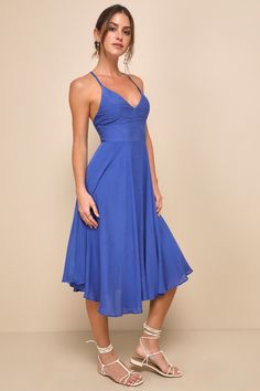 From the island of Mykonos to your besties back-yard party the Lulus Troulos Royal Blue Lace-Up Midi Dress is sure to make an appearance! This breezy, midi dress is shaped from gauzy, woven rayon that sweeps over the V-neckline, princess-seamed bodice, and fitted waist. Skinny straps cross at back and then weave into a chic, lace-up back. Full skater skirt falls to a midi length. Hidden back zipper/clasp. Fit: This garment fits true to size. Length: Knee to mid-calf length. Size medium measures Royal Blue Lace, Fall Skirts, Blue Lace, Mid Calf, Midi Length, Skater Skirt, Royal Blue, Bodice, Midi Dress