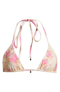 Pretty blooms animate a barely there bikini top that's ready for poolside fun. Exclusive retailer Ties at neck and back Lined 82% polyamide, 18% elastane Hand wash, dry flat Imported Cute Floral Swimsuit, Cute Triangle Bikinis, Cute Bathing Suits Bikinis, Pink Floral Swimsuit, Cute Floral Bikinis, Flower Bikinis, Cool Swimsuit, Pink Bikinis, Pink Floral Print Swimwear