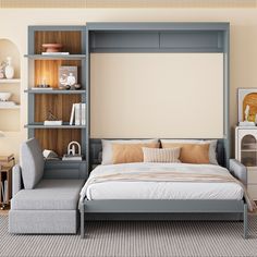 a bedroom with a bed, chair and bookcases on the wall above it