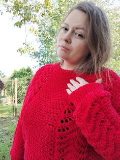 ready to ship piece, or made to order Red Casual Sweater, Handmade Long Sleeve Top For Fall, Red Knitting Pattern For Fall, Red Knitted Sweater For Fall, Red Knit Pattern For Fall, Handmade Knit Sweater With Long Sleeves, Long Sleeve Crochet Sweater, Handmade Knit Sweater With Crew Neck, Handmade Long Sleeve Yarn Sweater