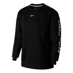 (WMNS) Nike Pro Sports Running Printing Round Neck Pullover Black Hoodie BV4055-010 (Women's) Sporty Fleece Sweatshirt For Sports, Crew Sportswear Activewear For Workout, Sportswear Sweatshirt For Workout, Sportswear Activewear Crew For Workouts, Crew Neck Sportswear Activewear For Workout, Athleisure Sports Sweatshirt With Ribbed Cuffs, Crew Neck Sportswear For Workout, Athleisure Sweatshirt With Ribbed Cuffs For Sports, Nike Functional Sweatshirt For Workout