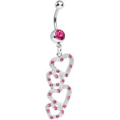 a dangling belly ring with pink and white crystals