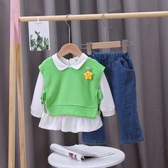 3-piece Vest & Shirt & Pants for Toddler Girl - PrettyKid Celana Jeans, Vest Shirt, Shirt And Pants, Red Lips, Stylish Shirts, 3 Piece, Light Green, Toddler Girl, Lowest Price