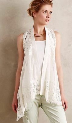 Item Description: Anthropologie Draped Lace Vest by Meadow Rue New Without Tags Cotton-rayon lace Open front Hand wash Imported Style No. 4112346824882 Size: XS/S  29.75"L  A line and/or dot have been drawn on inside label to prevent returns to retail stores.   Check out my other listings for more Free People, Urban Outfitters and Anthropologie items! White Cotton Lace Top, Olive Vest, Cotton Lace Tops, Anthropologie Style, Meadow Rue, Lace Vest, Anthropologie Jacket, Wool Vest, Cream Lace