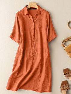 Solid Button Front Short Sleeve Lapel Shirt Dress Dress Elegant Short, Dress Label, Office Dresses For Women, Midi Sundress, Button Style, Solid Color Dress, Elegant Dresses Long, Cotton Midi Dress, Vintage Style Dresses