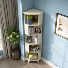 a corner shelf with books on it next to a potted plant in a blue room