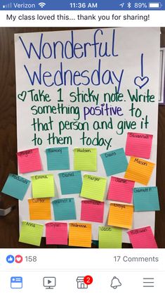 a bulletin board with sticky notes attached to it and the words wonderful wednesday written on it