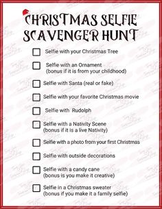 a christmas selfie scavenger hunt is shown in red and white with the words,