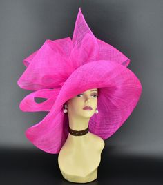 "✿*.Key Features: 100% high quality Sinamay woven material, wide brim with Jumbo bows. It's more beautiful in person! Light and comfortable! Great for Kentucky derby, weddings, Royal Ascot, horse races, cocktails, tea party, or any hat wearing occasion. Hat base size: From front to back appr: 20.5\" (52cm) From left to right appr: 21.25\" (54cm) Wide brim Appr: 7~8\" Head girth: 22.5\" (57cm) , adjustable string inside to make smaller to fit your head. If you want other colors in this style, jus Pink Flat Brim Party Hat, Pink Party Hat With Flat Brim, Elegant Pink Beach Hat, Pink Flat Brim Sun Hat For Party, Sinamay Straw Hat With Curved Brim For Party, Elegant Fitted Headpieces For Beach, Party Costume Hat With Curved Brim In Sinamay, Curved Brim Sinamay Costume Hat For Party, Party Style Sinamay Straw Hat With Short Brim