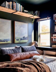 a dog laying on top of a bed next to two pictures hanging above the headboard