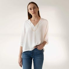 THE RESET-Satin V Neck Pullover – The Reset Elegant V-neck Blouse For Layering, Versatile Oversized V-neck Blouse, Oversized Versatile V-neck Blouse, Chic V-neck Blouse With Relaxed Fit, Elegant Tops For Workwear With 3/4 Sleeves, Chic V-neck Top For Spring Layering, Elegant 3/4 Sleeve Tops For Work, Elegant V-neck Blouse With Relaxed Fit, Elegant Long Sleeve Everyday Blouse