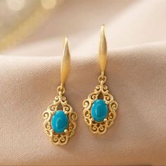 Hollow Flower Pattern With Oval Turquoise Decor Dangle Earrings Bohemian Style Copper 24k Gold Plated Jewelry Exquisite Female Gift Long Kurti Patterns, Antique Turquoise Jewelry, Antique Style Jewelry, Almirah Designs, Locket Design, Arabic Jewelry, Gold Jewels Design, Turquoise Decor, Saree Jewellery