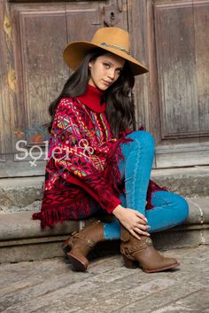 This gorgeous Mexican Artisanal Poncho is perfect for the cold months ahead! The multicolor Fair Isla design adds that perfect pop of color and style to your wardrobe. This poncho is knit, has open sides and it comes in one size so anyone ranging from size Small to 2x will be able to wear it. Note: -The Mexican Hat, Filigree Earrings and Boots are available to buy as well. Filigree Earrings: https://www.etsy.com/es/listing/887452471/aretes-mexicanos-de-filigrana-aretes?ref=listings_manager_grid Mexican Sweater, Poncho Mexican, Poncho With Sleeves, Latino Art, Mexican Hat, Nice Sandals, Sweater Poncho, Mexican Outfit, Ladies Poncho