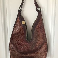 Brown Croco Embossed / Metallic Finish, Made In Italy. Measures 13” From Ring Of Strap To Bottom, 12” Wide, 4” Deep, Zippered Inside Pocket. High Quality, Never Used. Large Elegant Brown Shoulder Bag, Tan Textured Leather Bag For Errands, Gucci Gg Bag, Marmont Super Mini, Small Canvas Bags, Tory Burch Kira Chevron, Seatbelt Bags, Kira Chevron, Louis Vuitton Crossbody Bag