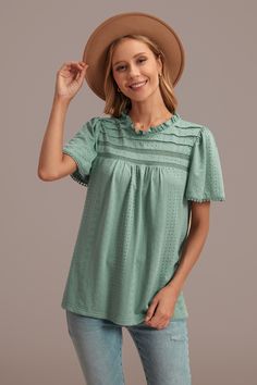 Green Hollow Ruffle Round Neck Short Sleeve Blouse. If commuting comfort is your thing, look no further than this green top! Features include a ruffled neckline. It's an everyday essential that can be worn with denim or white jeans, slippers, jewelry and a stylish crossbody bag. High Neck Blouse, Ruffled Neckline, Ruffle Shirt, Butterfly Sleeves, Green Top, Fashion Gallery, Green Pattern, Green Tops, Cotton Blouses