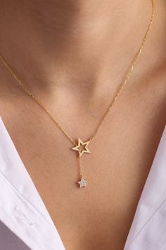 "Star Lariat necklace, Gold Star Lariat, Dainty Gold Lariat Necklace, Dangling Sterling Silver Necklace, Star Necklace, Mother's Day Gift Dainty gold star lariat necklace, perfect to wear by itself for a minimal look or layer it up with other necklaces. * All our jewelry is custom made by hand with care in our workshop The length option is the TOTAL chain length (including the charm). If you order an 18\" chain, the piece will come as CHAIN + CHARM = 18\". All pieces will come with a 1\" extensi Adjustable Star Shaped Charm Necklace With Adjustable Chain, Adjustable Star-shaped Necklace With Delicate Chain, Adjustable Star Charm Necklaces, Adjustable Star Charm Necklace, Elegant Star-shaped Lariat Necklace Gift, Elegant Star Lariat Necklace Gift, Lariat Necklaces With Star Charm For Gift, Gift Lariat Necklace With Star Charm, Lariat Necklace With Star Charm For Gift