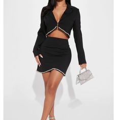 Fashion Nova Blazer Skirt Set With Jewels - Black Nwt In Size Medium. Comes From A Smoke Free Home Black Skirt Suit For Fall Party, Black Skirt Suit For Party In Fall, Spring Mini Skirt Suit For Party, Black Long Sleeve Skirt Suit For Party, Spring Party Mini Skirt Suit, Fitted Mini Skirt Suit For Party, Chic Black Skirt Suit For Spring, Fitted Black Skirt Suit For Night Out, Black Fitted Skirt Suit For Night Out