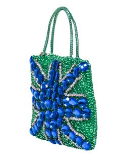 Introducing the Anteprima green coil bag - designed to add some razzle-dazzle to your vacation style! This mini handbag features a vibrant green coil design and a blue jewel flag with rhinestone trim. Perfect for a European escape, pair it with a slip dress and mule heels for a chic and playful look. Stretch coil material Beaded and jeweled front Top handles Height 7.5" Width 9.5" Depth 0.75" Strap drop 4.5" Luxury Green Mobile Phone Bag, Green Summer Party Bags, Beaded Shoulder Bag For Shopping, Green Evening Bag With Mobile Phone Holder, Summer Embellished Tote Bag, Summer Embellished Rectangular Shoulder Bag, Summer Embellished Bags For Everyday Use, Embellished Everyday Summer Bags, Embellished Everyday Bags For Summer