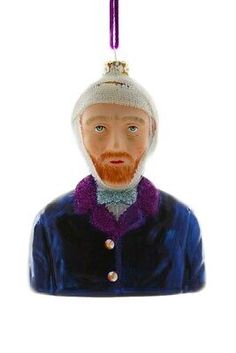 a glass ornament with a man's head wearing a hat and coat