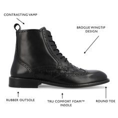 Introducing Legacy by Thomas & Vine, the timeless ankle boot that blends classic style with modern comfort. Crafted with genuine leather and featuring a contrasting vamp and wingtip design, these boots make a stylish statement. The 12 mm Tru Comfort Foam™ insole and 1-inch block heel provide all-day comfort and support. With a lace-up design and convenient zipper entry, along with a padded tongue for extra comfort, Legacy offers both a classic look and ease of wear. Thomas Vines, Wingtip Boots, Ankle Boots Men, Closed Toe Shoes, Black 13, Round Toe Heels, Black Ankle Boots, Sophisticated Style, Boots Black