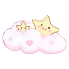 two pixelated animals sitting on top of some fluffy white clouds with pink hearts in the middle