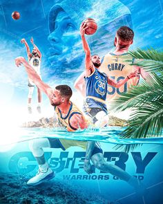 two men playing basketball in the water with an advertisement for curry's warriors club