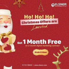 an advertisement for christmas offers with santa holding a gift box and reindeer antlers around it