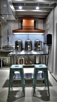 two stools in front of a kitchen counter with pots and pans on it