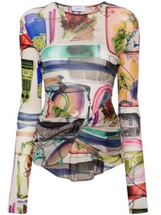 multicolour tulle netting semi-sheer construction all-over graphic print twist detailing round neck long sleeves high-low hem Off White Clothing, Tulle Top, Crewneck Design, Denim And Lace, X Ray, World Of Fashion, Fashion Item, Graphic Prints, High Low