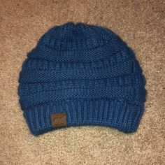 Never Worn!! Super Cute Blue Knit Beanie Blue Knit Beanie For Winter, Blue Casual Beanie For Cold Weather, Blue Knit Beanie For Cold Weather, Blue Soft Knit Beanie For Fall, Blue Warm Beanie For Cold Weather, Blue Casual Winter Beanie, Blue Fitted Casual Beanie, Fitted Blue Fall Hat, Blue Warm Beanie One Size