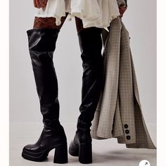 Free People Eu39 Us9 Style No. 78220738; Color Code: 001 Platform Over-The-Knee Boots. Fit: Over-The-Knee Length, Slouchy Fit Smooth Leather Uppers, Square Toe, Chunky Block Heel, Double Stacked Platform Sole, Back Ankle Zipper Leather, Rubber Black Fitted Platform Boots With Padded Heel, Fall Knee-high Platform Heels, Fitted Black Platform Boots With Padded Heel, Fall Platform Boots With Rubber Heel Cap, Winter Black Heeled Boots With Contrasting Heel Counter, Platform Heeled Boots In Faux Leather, Closed Toe Platform Boots For Workwear, Formal Knee-high Boots With Platform And Pointed Toe, Synthetic Heeled Boots For Work