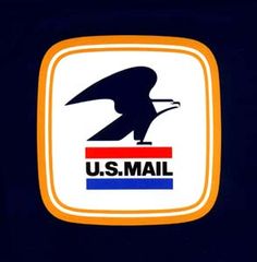 the u s mail logo is shown on a black and yellow square frame with an eagle