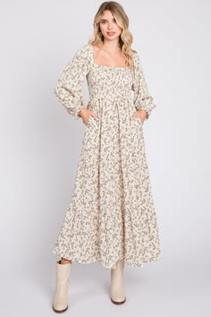 Mocha Floral Smocked Long Sleeve Maxi Dress – PinkBlush Peasant Dresses For Women, Olive Green Fall Dress, Fall Family Photo Dress, Long Sleeved Maxi Dress, Women’s Fall Dresses, Fall Family Photo Dresses For Mom, Green Long Casual Dress, Fall Dresses For Family Pictures, Fall Dress Outfit Casual