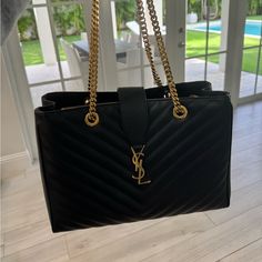 Black Ysl Tote Luxury Black Monogram Bags, Luxury Black Monogrammed Bags, Black Monogram Bags For Formal Occasions, Formal Black Monogram Bag, Formal Black Monogram Bags, Formal Black Monogrammed Bag, Elegant Monogram Shoulder Bag, Ysl Tote, Saint Laurent Bags