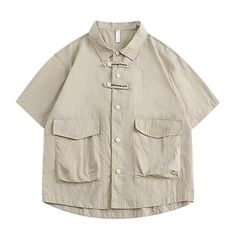 Enhance your style with this Japanese-inspired multi-pocket shirt. Crafted from a luxurious fabric, its solid color is subtle yet sophisticated, making it an excellent choice for any formal or casual occasion. The multiple pockets provide additional storage, ensuring that all of your belongings are easily accessible and secure. Experience the luxury of this timeless piece. Features: -100% Cotton -Turndown Collar -Multi-pocket Design -Solid Color -Regular Fit -Japanese Style Shirt With Pocket Design, Summer Shirt With Lapel Collar And Pockets, Summer Shirt With Pockets And Lapel Collar, Summer Lapel Collar Shirt With Pockets, Button-up Workwear Tops With Multiple Pockets, Workwear Shirt With Casual Collar And Pockets, Casual Collar Workwear Shirt With Pockets, Casual Collar Shirt With Pockets For Workwear, Casual Khaki Tops With Multiple Pockets