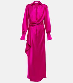 Talita satin midi dress in pink - Simkhai | Mytheresa Pre-draped Satin Dresses With Draped Sleeves, Satin Finish Draped Maxi Dress For Evening, Pre-draped Satin Evening Dress With Draped Sleeves, Ruched Satin Evening Dress, Elegant Midi Dress With Folds For Gala, Satin Draped Maxi Dress, Evening Pre-draped Satin Silk Dress, Pre-draped Midi Dress With Draped Sleeves For Gala, Pre-draped Satin Silk Dress For Evening