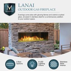 an advertisement for the lanai outdoor gas fireplace