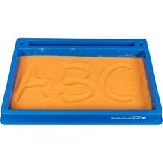 a blue tray filled with yellow sand on top of a white surface and the number 350