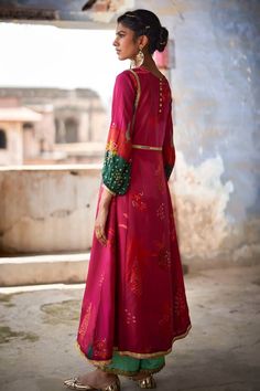 Magenta anarkali with floral print and zardozi embroidered yoke. Paired with powder blue border embroidered palazzo and fringe tassel bordered dupatta. - Aza Fashions Magenta Anarkali, Floral Print Anarkali, Palazzo Set, Blue Border, Fashion App, Tassel Fringe, Powder Blue, Set For Women, Anarkali